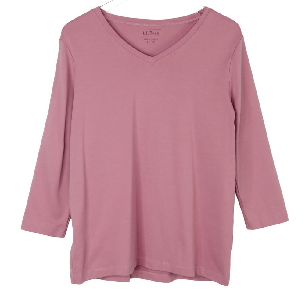 L.L Bean Blush Pink High V-Neck 3/4 Sleeve Casual Blouse Top Small - Picture 2 of 5